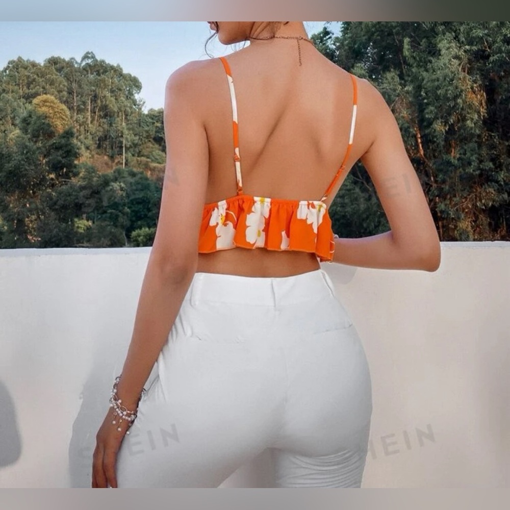 Orange Floral Ruffle Crop Top - Picture 4 of 8
